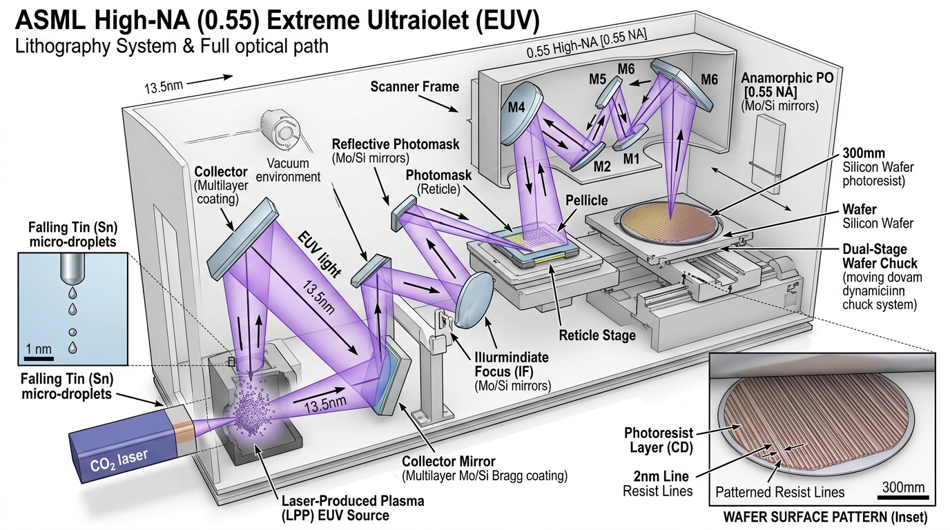 💡 [3D 공학 정밀 구조도] ASML High-NA (0.55 NA) EUV 노광 광학계 및 2nm 미세 패턴 형성 메커니즘