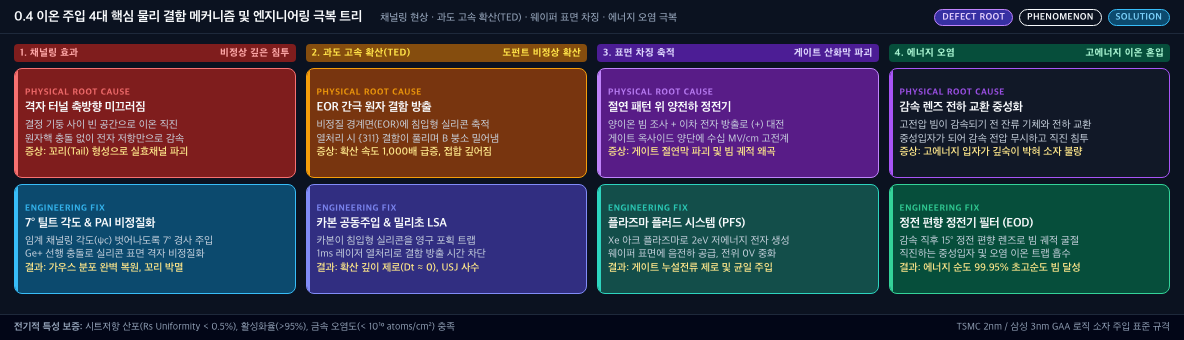 💡 [이온 주입 4대 물리 결함 극복 트리] 채널링 효과(격자 터널) · 과도 고속 확산(TED) · 표면 차징(게이트 파괴) · 에너지 오염 극복 로드맵