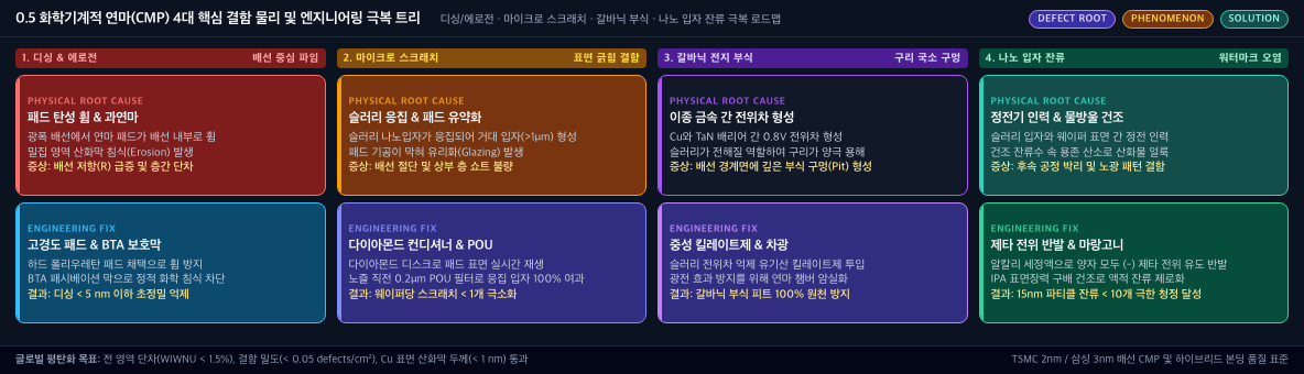 💡 [CMP 4대 물리 결함 극복 트리] 디싱/에로전(중심 파임) · 마이크로 스크래치(표면 긁힘) · 갈바닉 부식(피트) · 나노 입자 잔류 극복 로드맵
