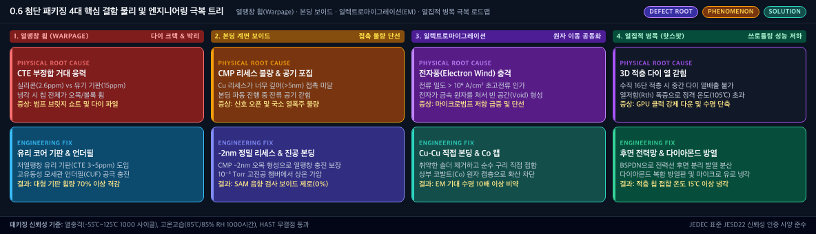 💡 [첨단 패키징 4대 물리 결함 극복 트리] 열팽창 휨(Warpage) · 본딩 계면 보이드 · 일렉트로마이그레이션(EM) · 열집적 병목 극복 로드맵