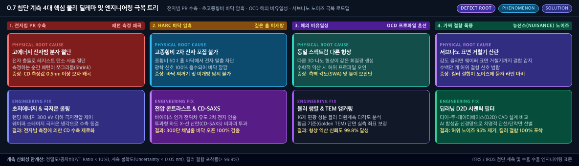 💡 [MI 4대 물리 결함 극복 트리] 전하 축적 왜곡(Charge Up) · 얕은 표면 손상(Beam Damage) · 복잡 3D 비아 바닥 미식각(Aspect Ratio Trap) · 광학 회절 한계(Diffraction Limit) 극복 로드맵