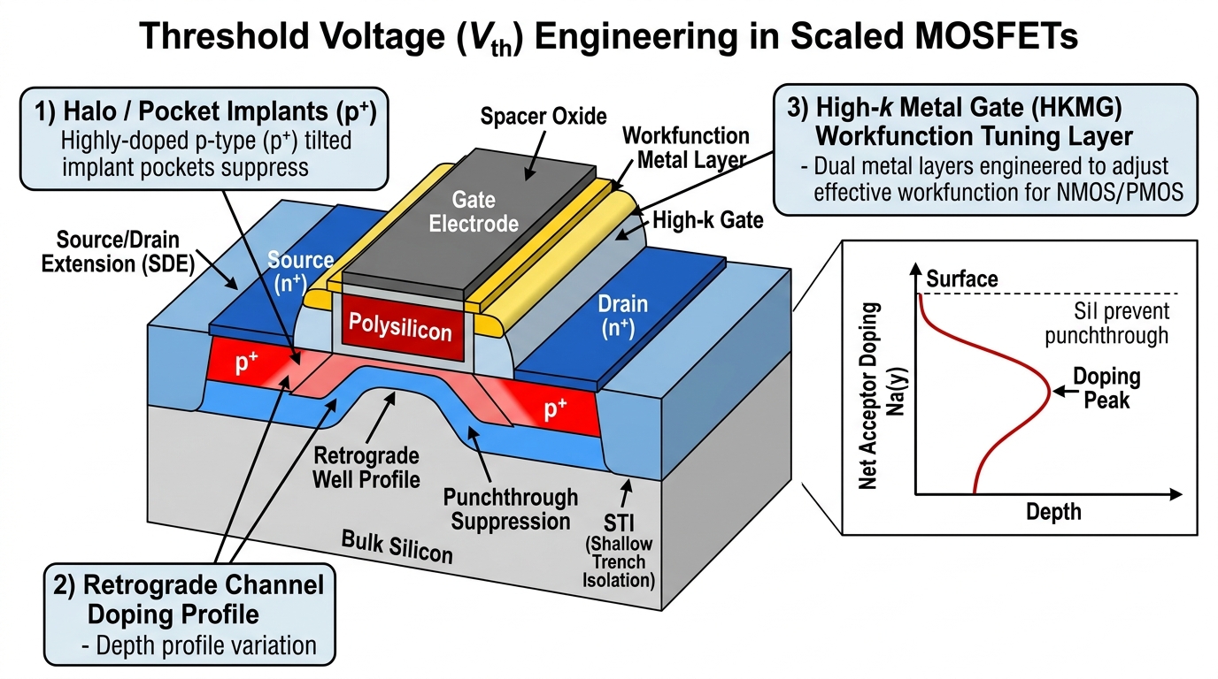 💡 [3D 공학 정밀 구조도] 미세 MOSFET 문턱전압(Vth) 엔지니어링: 헤일로/포켓(Halo) 이온주입, 역행성 웰 및 HKMG 일함수 제어