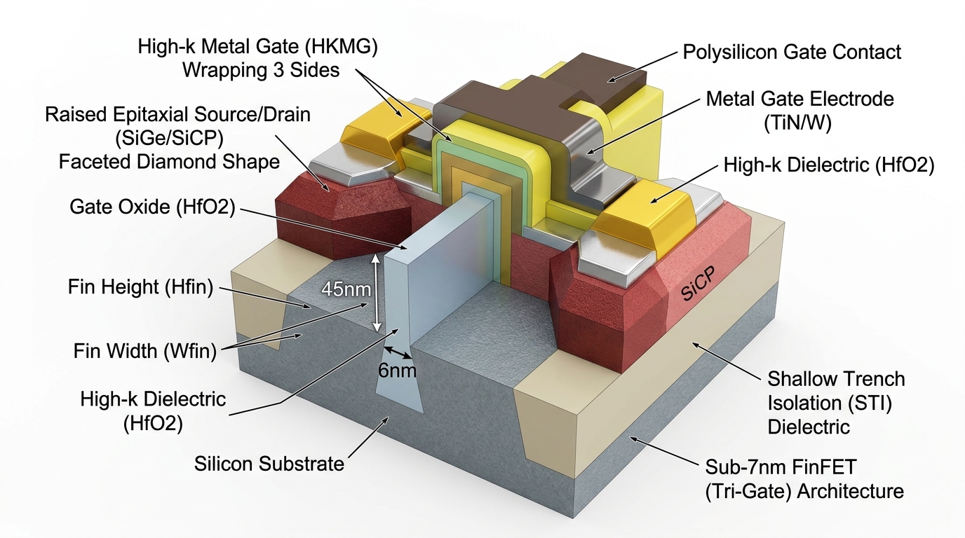 💡 [3D 공학 정밀 구조도] 서브 7nm FinFET 입체 트라이게이트(Tri-Gate) 구조, HKMG 3면 포획 및 핀 높이·폭 공학 파라미터