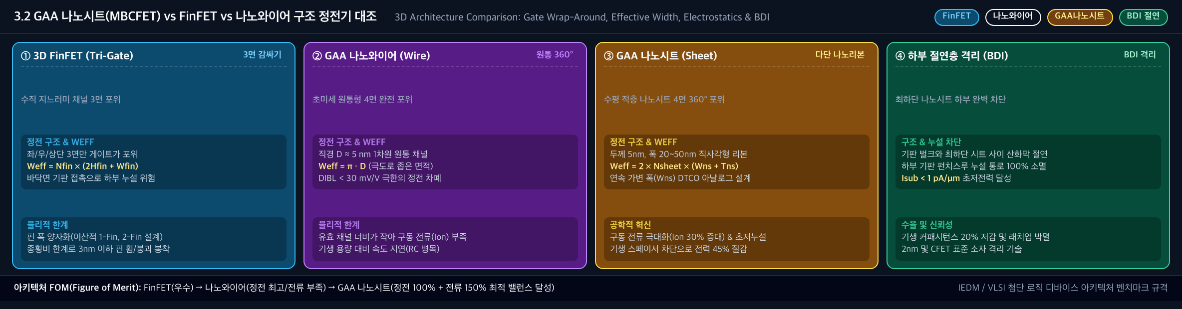 💡 [GAA 나노시트 vs FinFET vs 나노와이어 대조 배너] 3D FinFET(3면) vs GAA 나노와이어(원통 360°) vs GAA 나노시트(다단 리본 360°) vs BDI 하부 절연