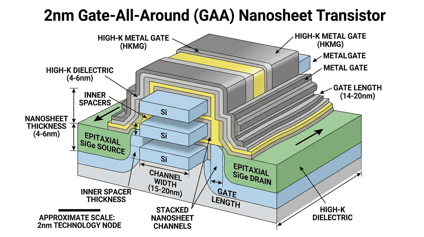 💡 [3D 공학 정밀 구조도] 2nm GAA(Gate-All-Around) 멀티 브릿지 나노시트 3D 절개 구조, 이너 스페이서 및 SiGe 에피택시