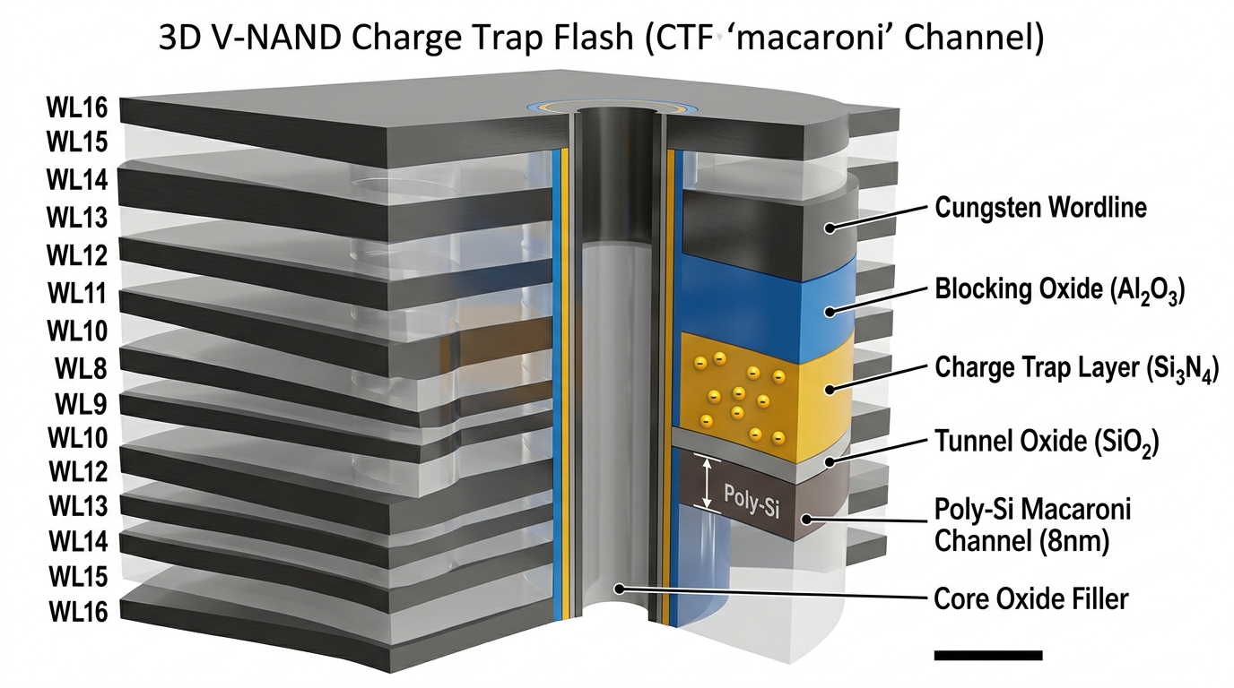 💡 [3D 공학 정밀 구조도] 3D V-NAND 플래시 마카로니 CTF(Charge Trap Flash) 셀 구조: 중공 폴리실리콘 채널 슬리브 및 동심원형 다층 전하포획막