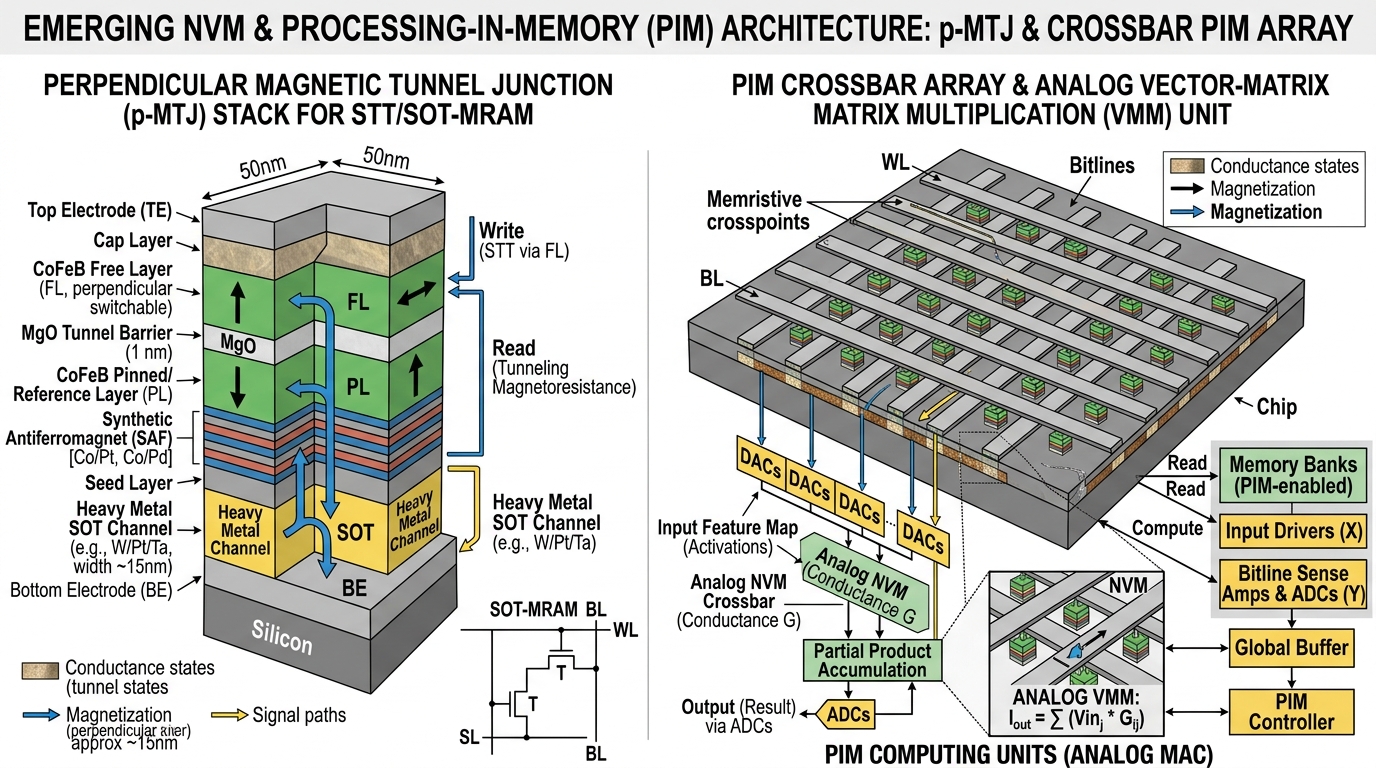 💡 [3D 공학 정밀 구조도] 차세대 MRAM 수직 자기터널접합(p-MTJ) 및 아날로그 MAC 연산 기반 PIM(Processing-In-Memory) 크로스바 어레이