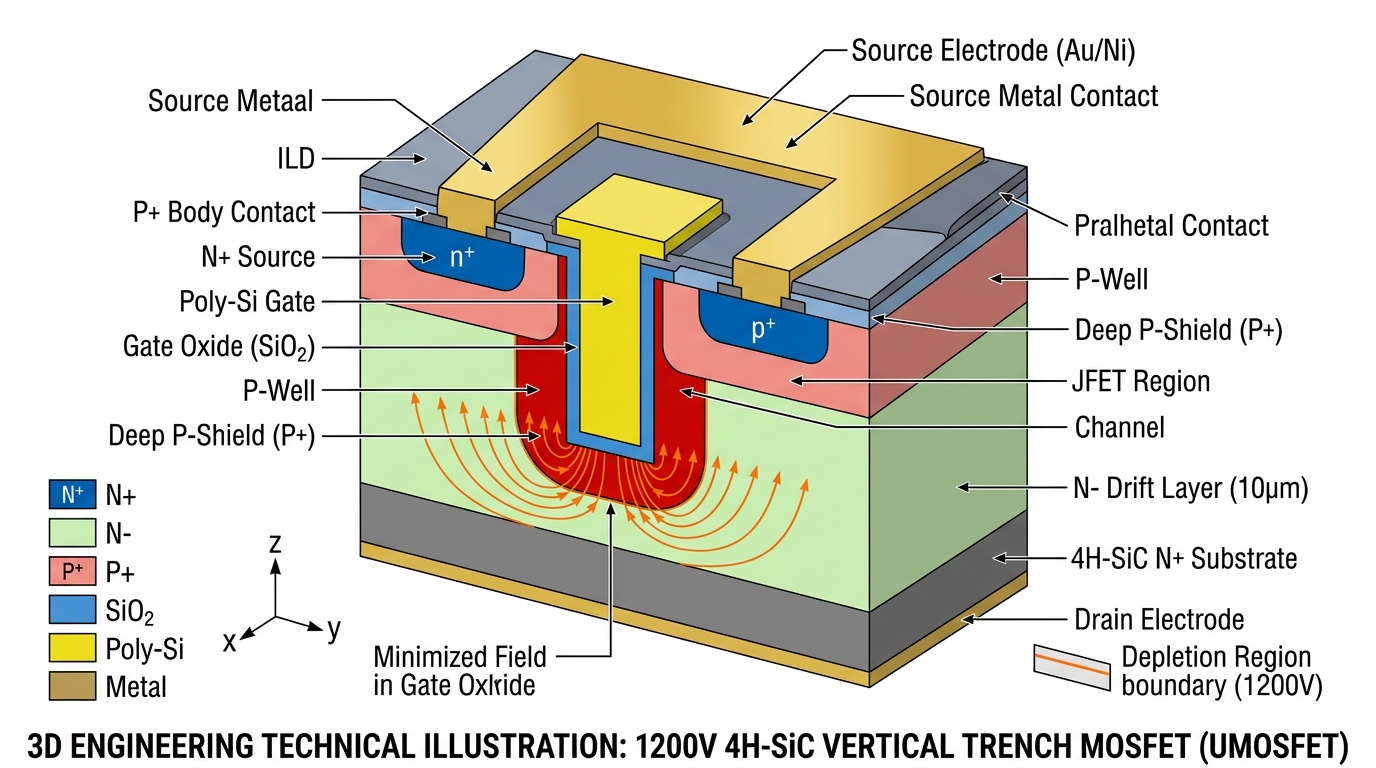 💡 [3D 공학 정밀 구조도] 1200V 4H-SiC 수직 트렌치 MOSFET: 게이트 산화막 보호용 Deep P-Shield 웰 및 만곡형 등전위선 전계 분산 구조