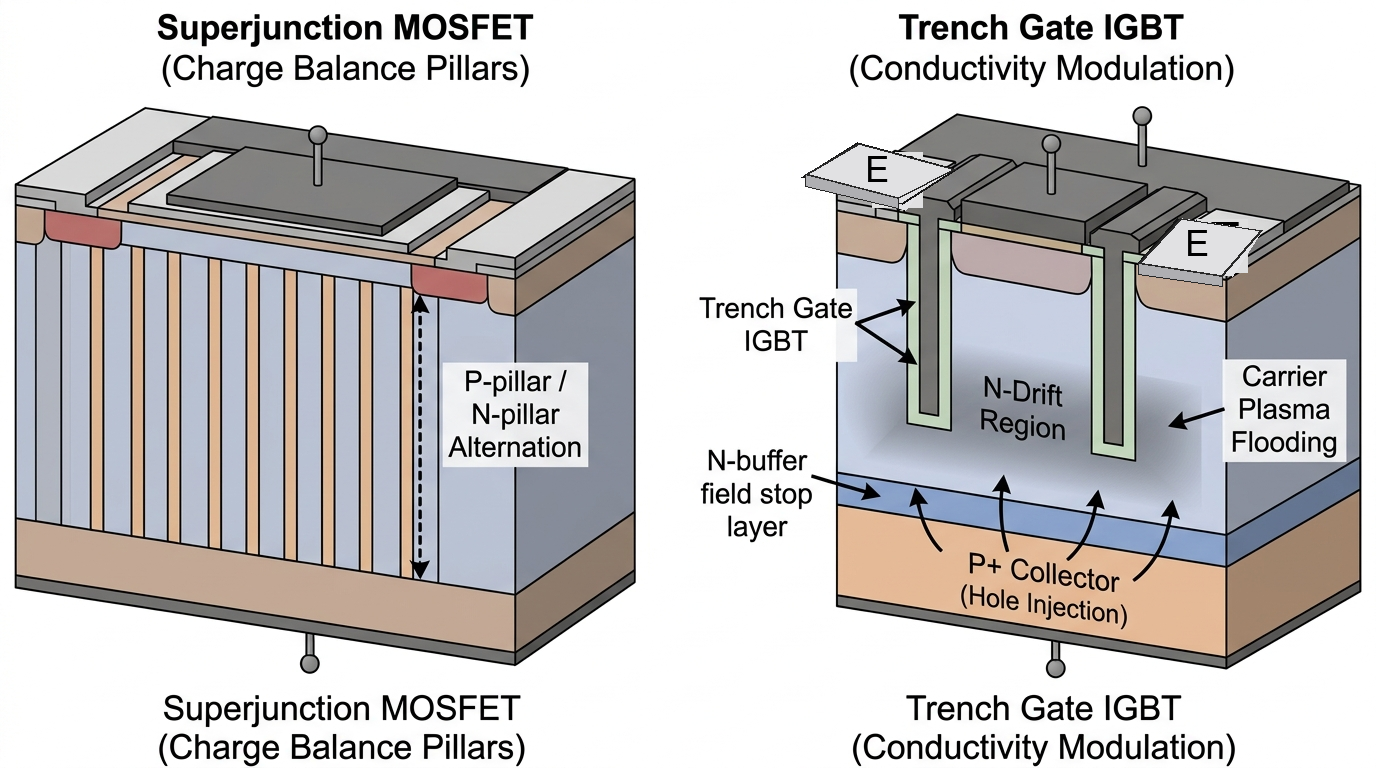 💡 [3D 공학 정밀 구조도] 고전압 전력 반도체 비교: 수주(P/N 필러) 전하 균형 슈퍼정션 MOSFET(드레인-소스) vs 전도도 변조 트렌치 IGBT(컬렉터-에미터)