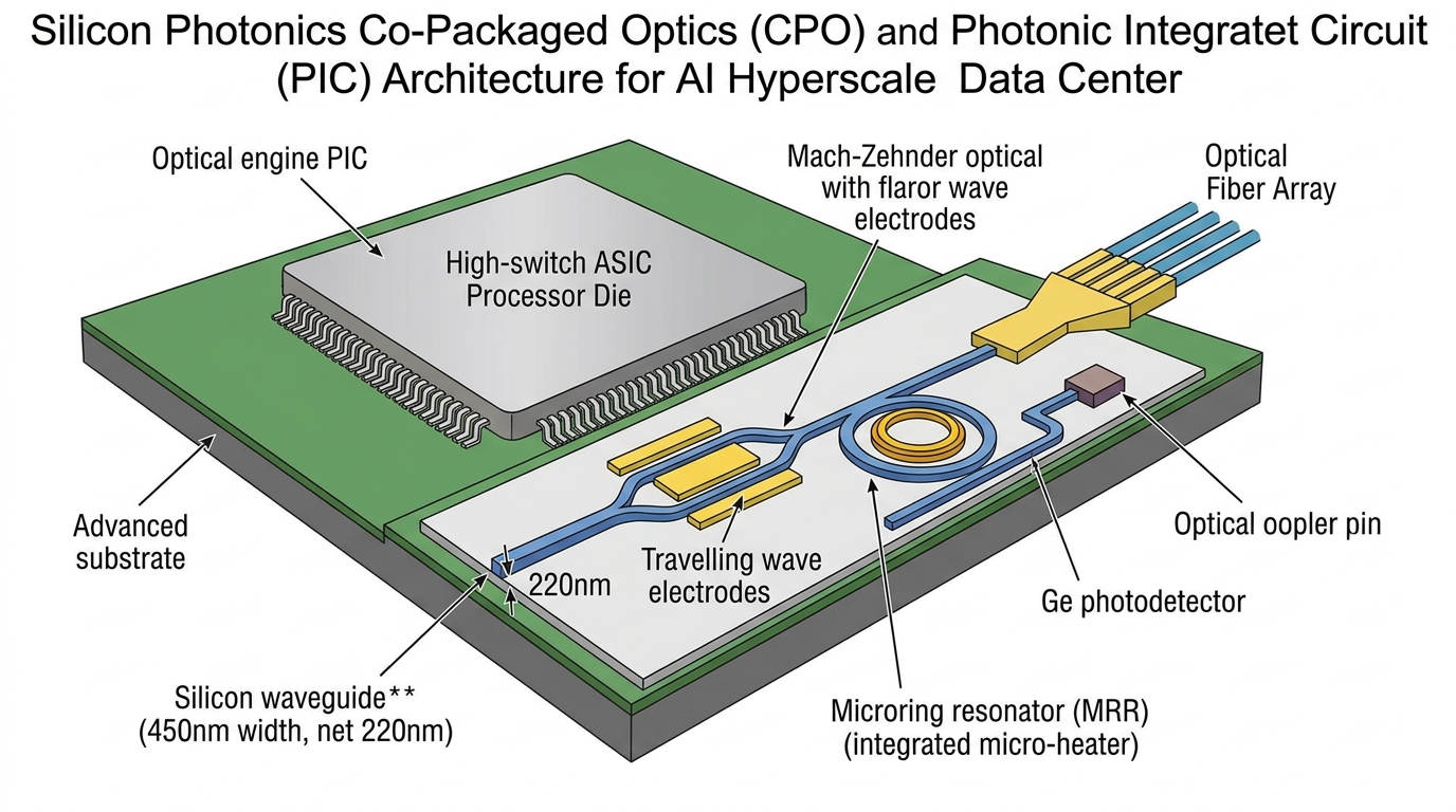 💡 [3D 공학 정밀 구조도] CPO(Co-Packaged Optics) 광엔진 PIC: 마하젠더 변조기(MZM), 마이크로링 공진기(MRR) 및 저손실 실리콘 광도파로
