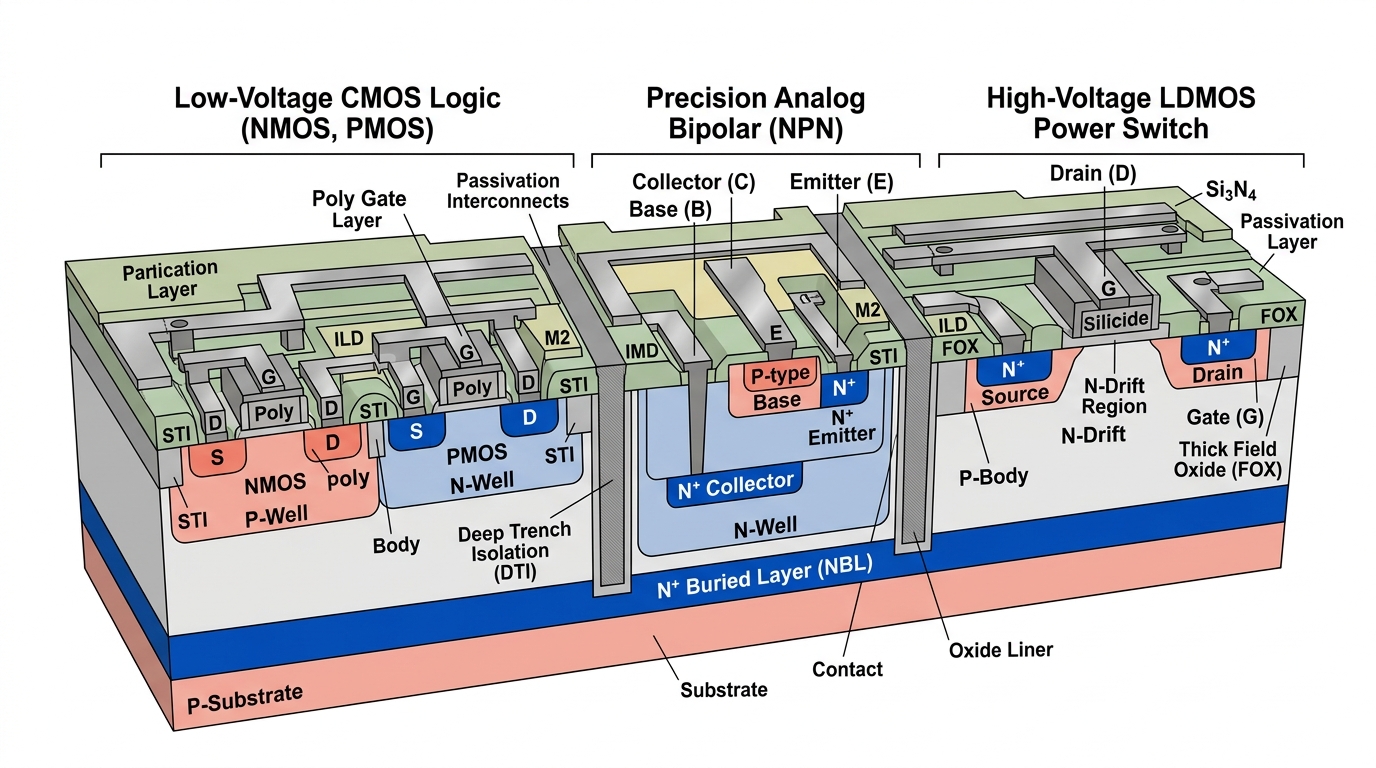 💡 [3D 공학 정밀 구조도] 스마트 파워 BCD(Bipolar-CMOS-DMOS) 단일 칩 모놀리식 집적 구조: 저전압 CMOS 로직, 정밀 바이폴라 및 고전압 LDMOS 스위치